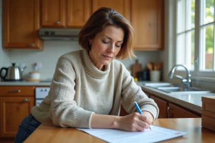Femme d'âge moyen évaluant un document immobilier à la cuisine