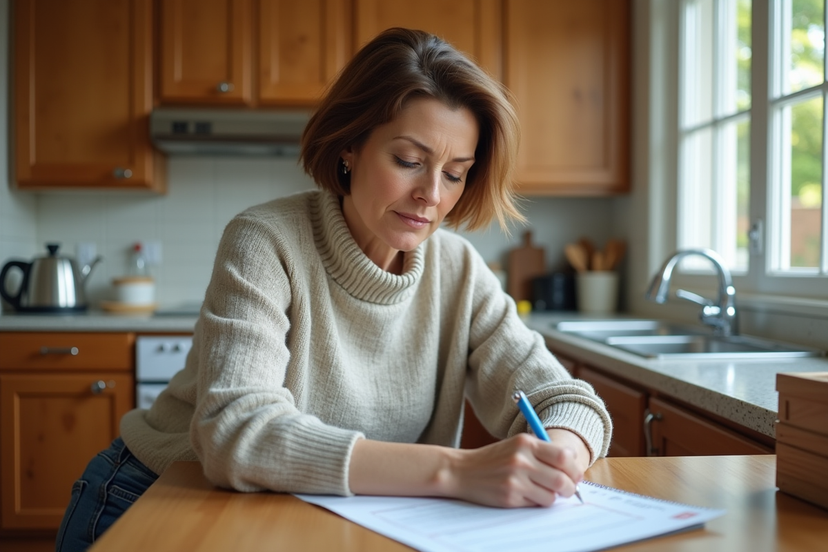 Femme d'âge moyen évaluant un document immobilier à la cuisine