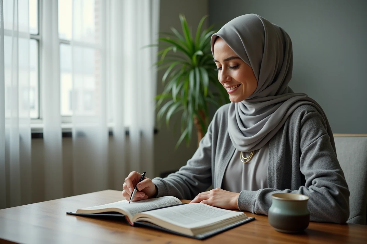 Femme musulmane lisant les versets Baqara pour la ruqya avec un Quran et un carnet de notes