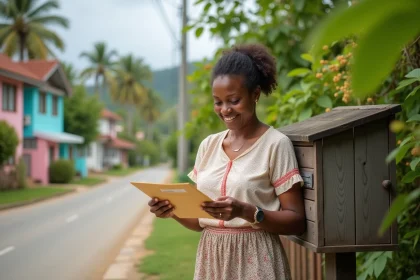 Femme mauricienne vérifiant une lettre à la boîte aux lettres