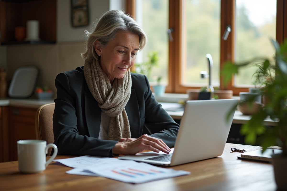 Femme au domicile consulte prix scooter sur ordinateur