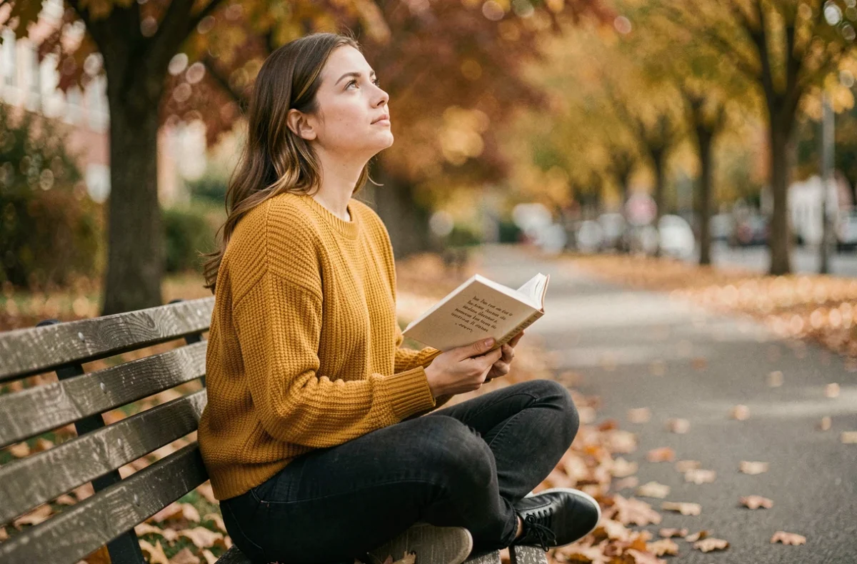 Jeune femme lisant un dicton sur la confiance dans un parc en automne