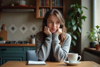 Femme écoutant un podcast dans un appartement parisien