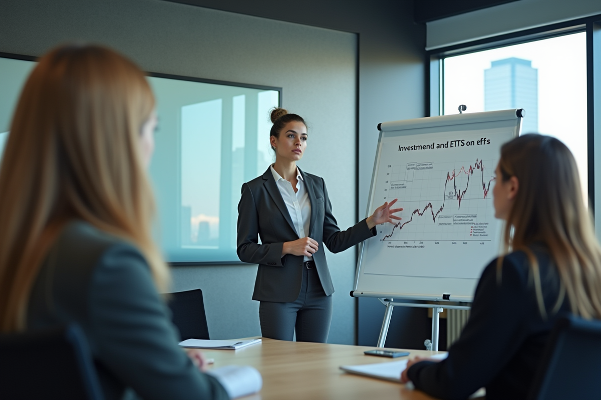 Jeune femme en costume présentant un graphique dans un bureau moderne