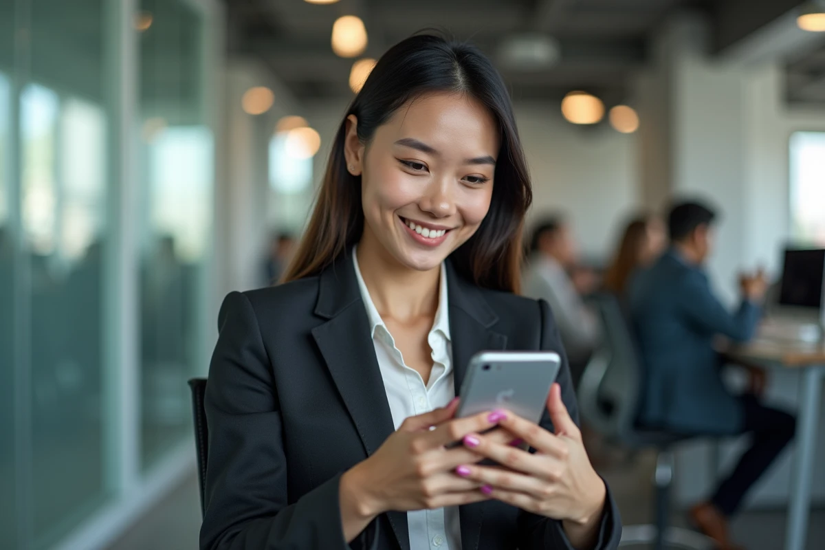 Jeune femme envoyant un message de remerciement sur son smartphone