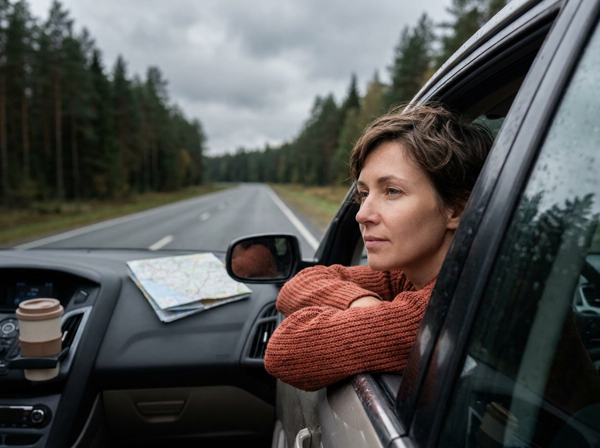 Femme regardant par la fenêtre d'une voiture sur une autoroute bordée de forêts de pins en automne