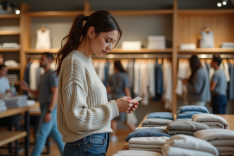 Femme examinant une étiquette de prix dans un magasin de vêtements