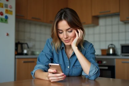 Femme méditerranéenne utilisant son smartphone dans la cuisine
