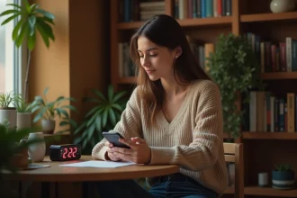 Jeune femme dans un appartement cosy regardant son téléphone