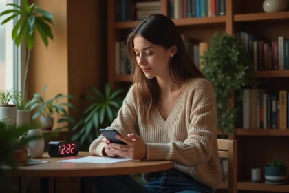 Jeune femme dans un appartement cosy regardant son téléphone