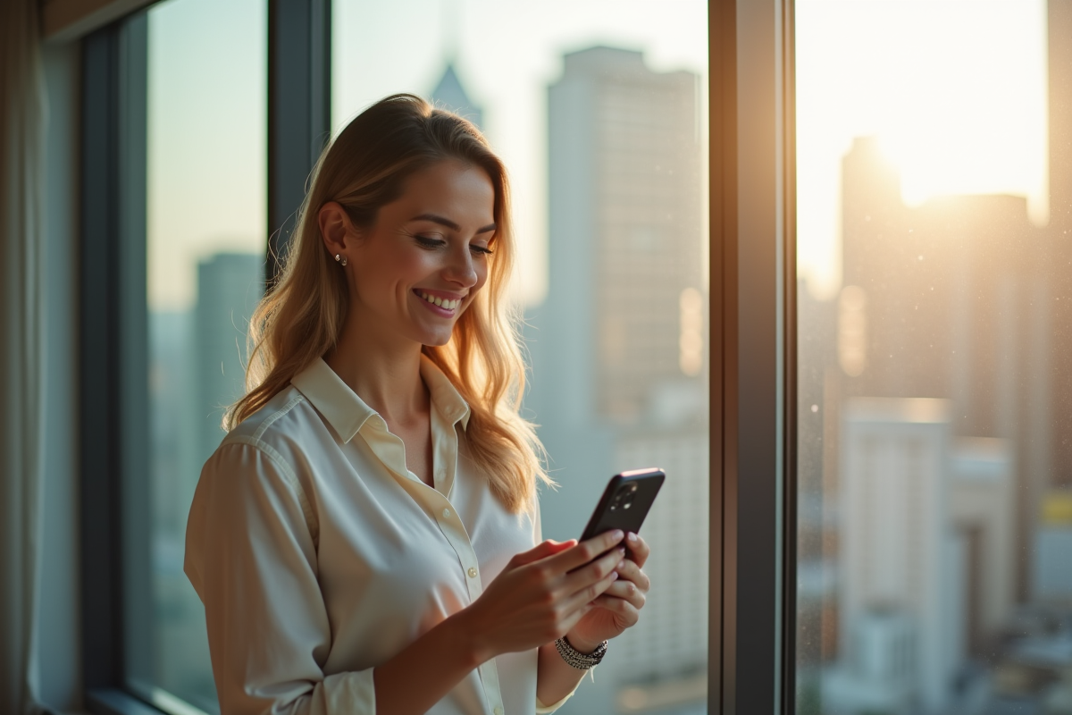 Femme souriante tenant un smartphone avec application bancaire