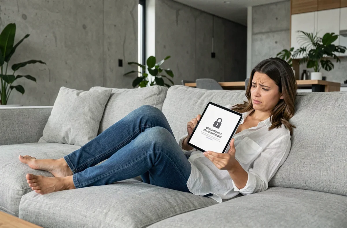 Femme consultant une tablette face à un site de streaming bloqué sans VPN dans un salon moderne