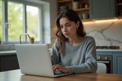 Jeune femme travaillant sur son ordinateur dans la cuisine