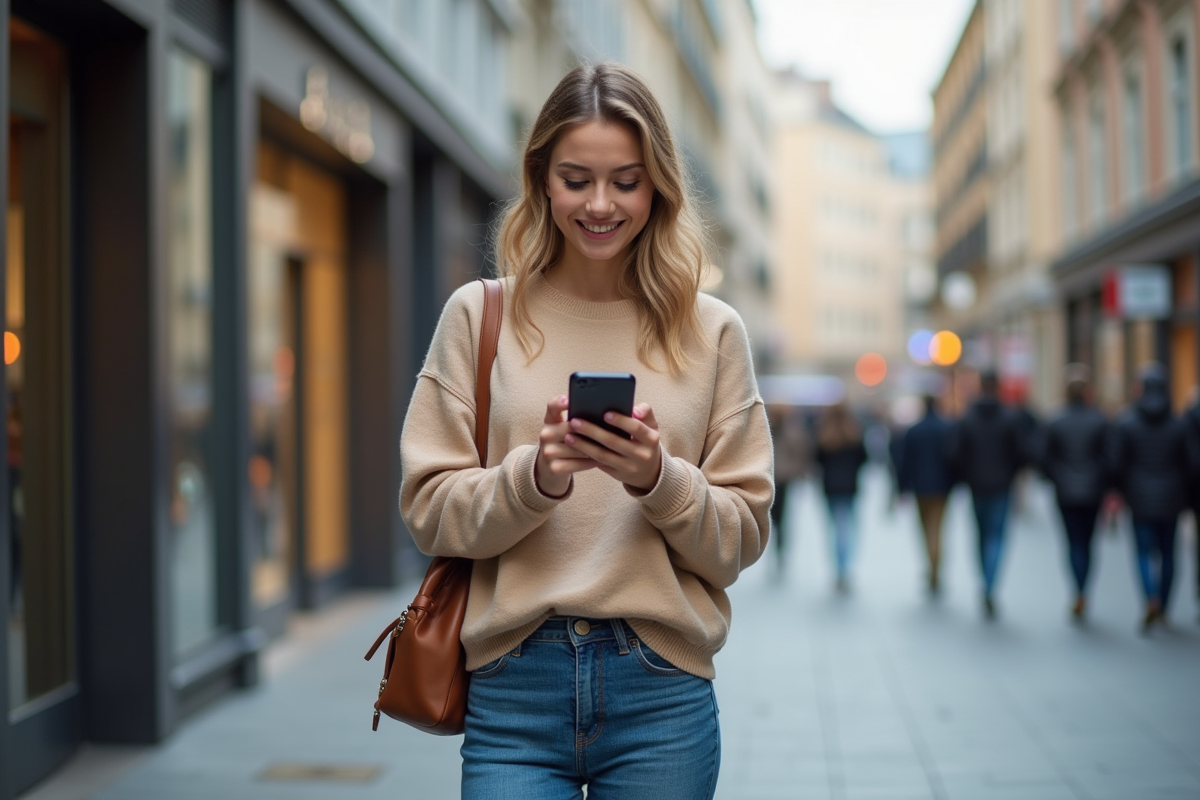 Jeune femme urbaine vérifiant ses actions sur smartphone