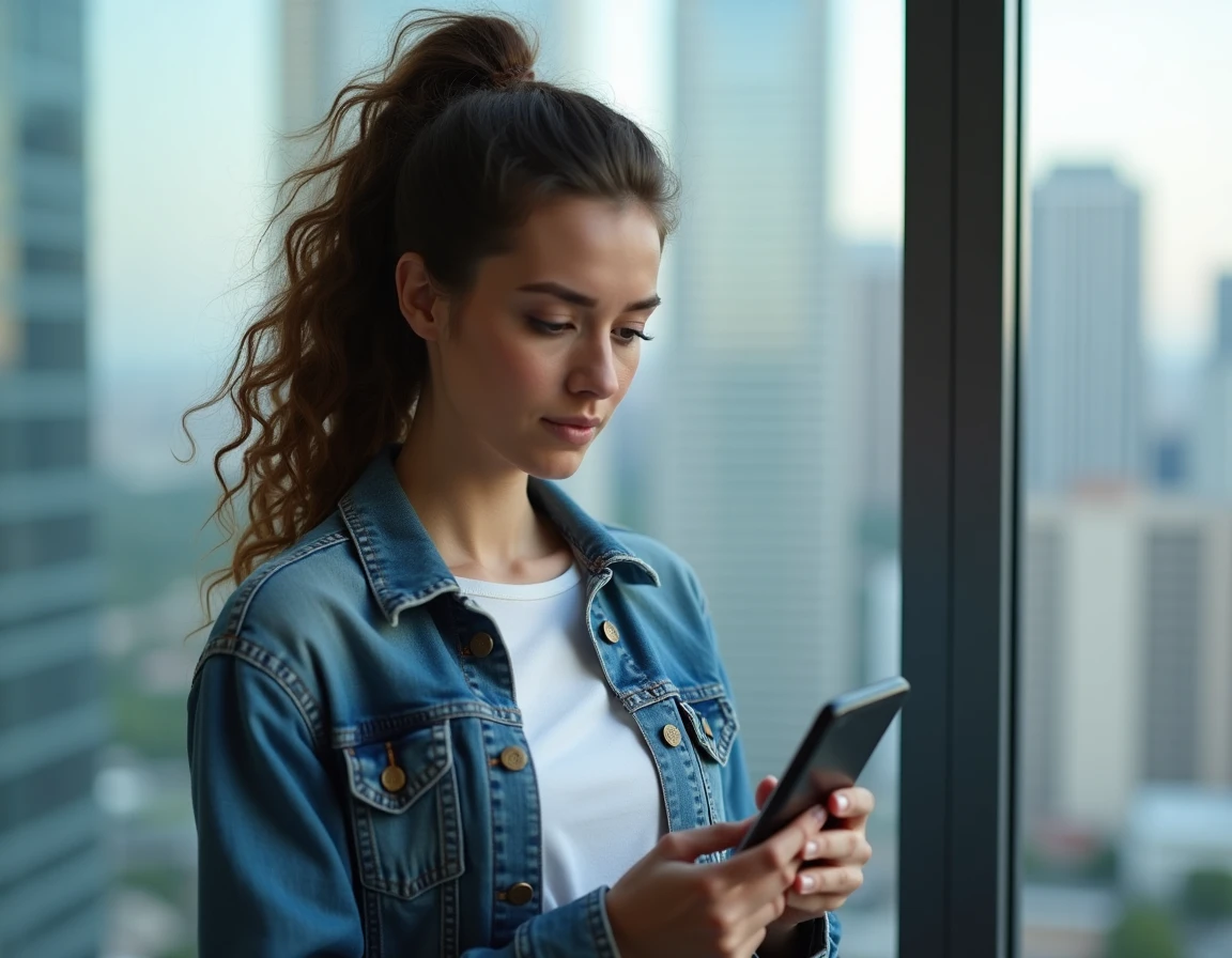 Femme vérifiant l'accessibilité d'un site de streaming sur smartphone en milieu urbain
