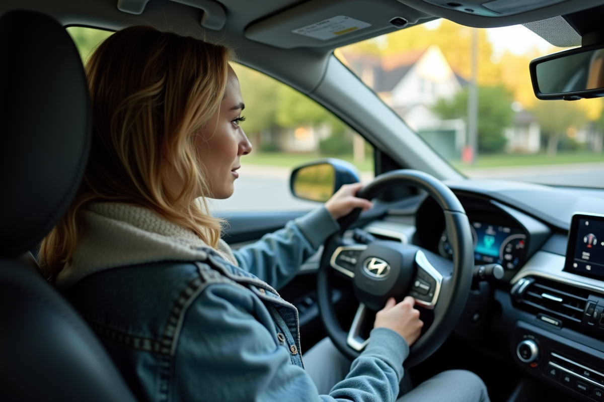 Jeune femme dans sa voiture hybride regardant les données de consommation