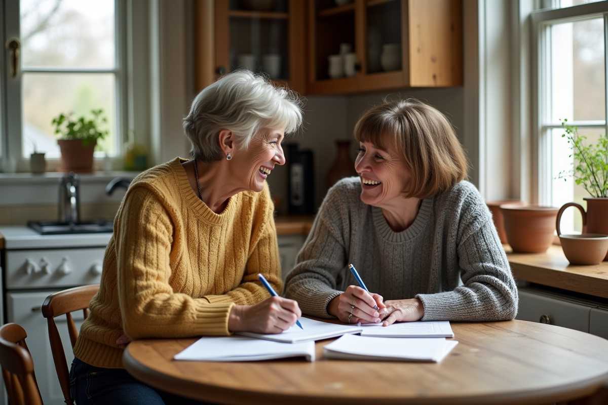 Deux femmes âgées rient en écrivant dans un journal à la cuisine
