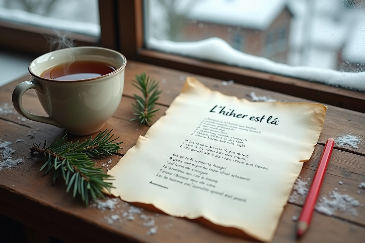 Fiche imprimée de poésie sur l'hiver posée sur une table en bois avec une branche de pin enneigée et une tasse de thé