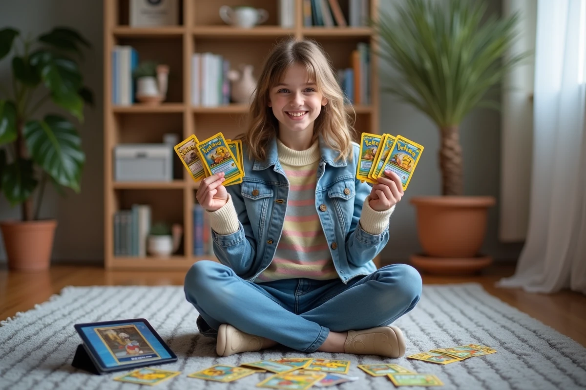 Fille de 16 ans avec cartes Pokémon et tablette dans le salon
