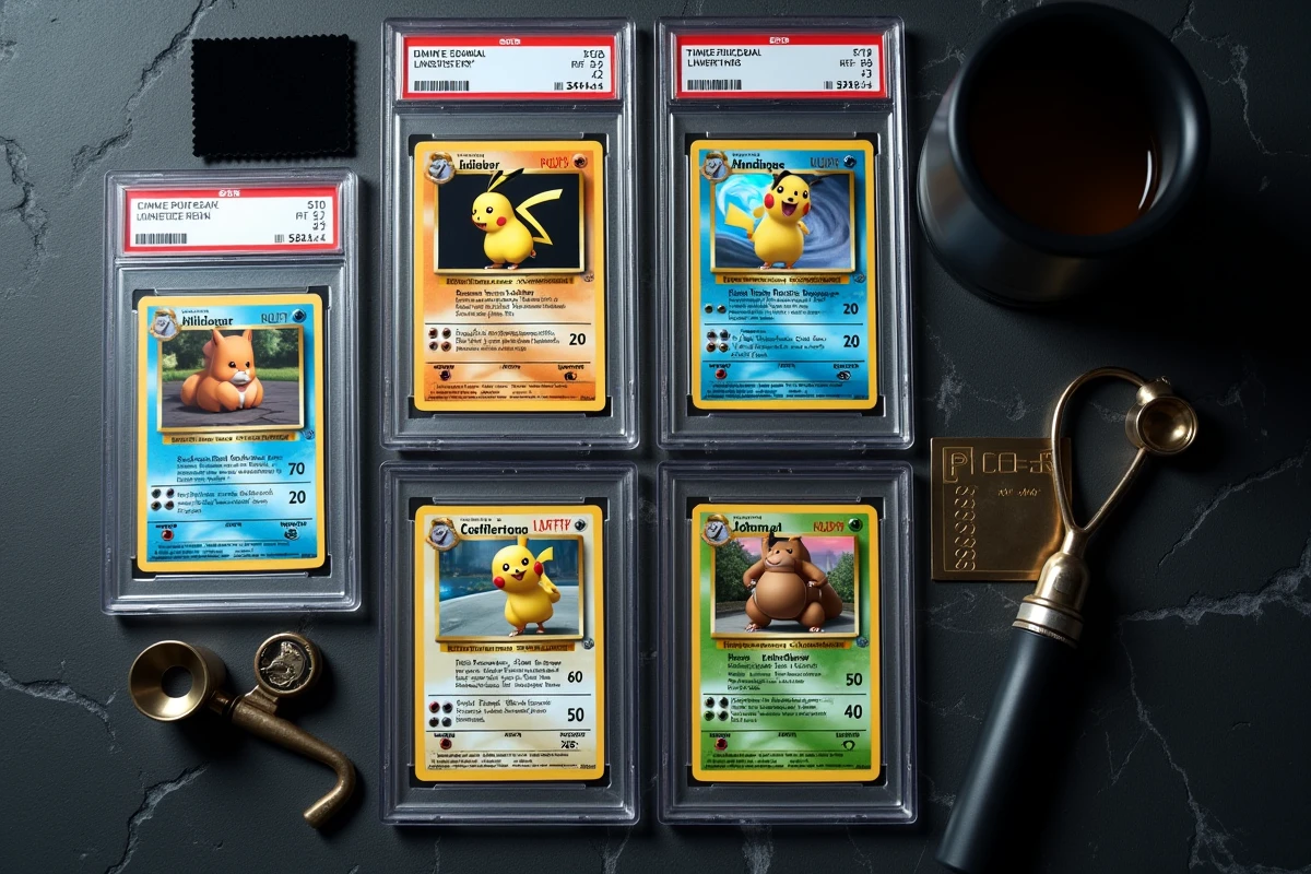 Vue à plat de plusieurs cartes Pokémon rares en édition limitée avec loupe de bijoutier et étui de protection rigide pour expertise