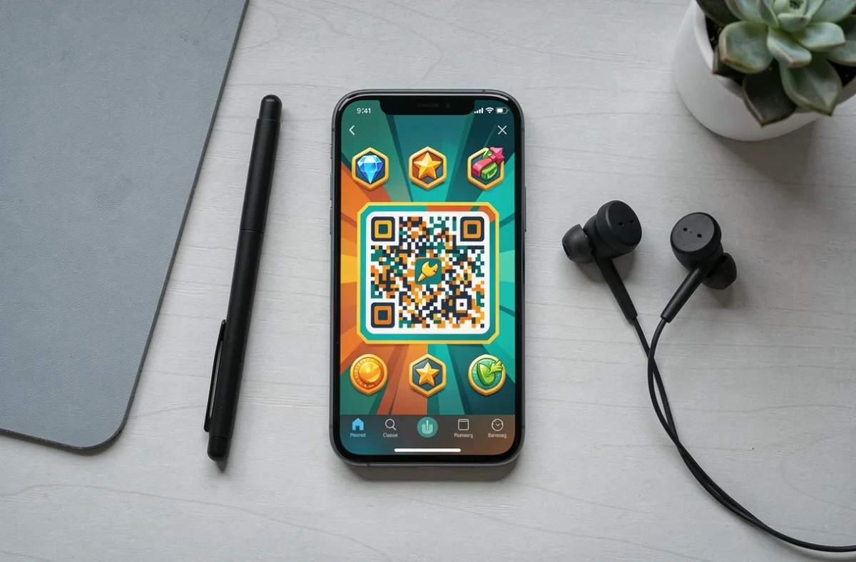 Vue de dessus d'un smartphone affichant un QR code Brawl Stars actif posé sur un bureau avec des écouteurs gaming