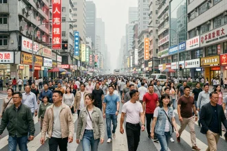 Foule dense de piétons traversant une intersection animée dans une grande métropole asiatique, illustrant la densité de population mondiale