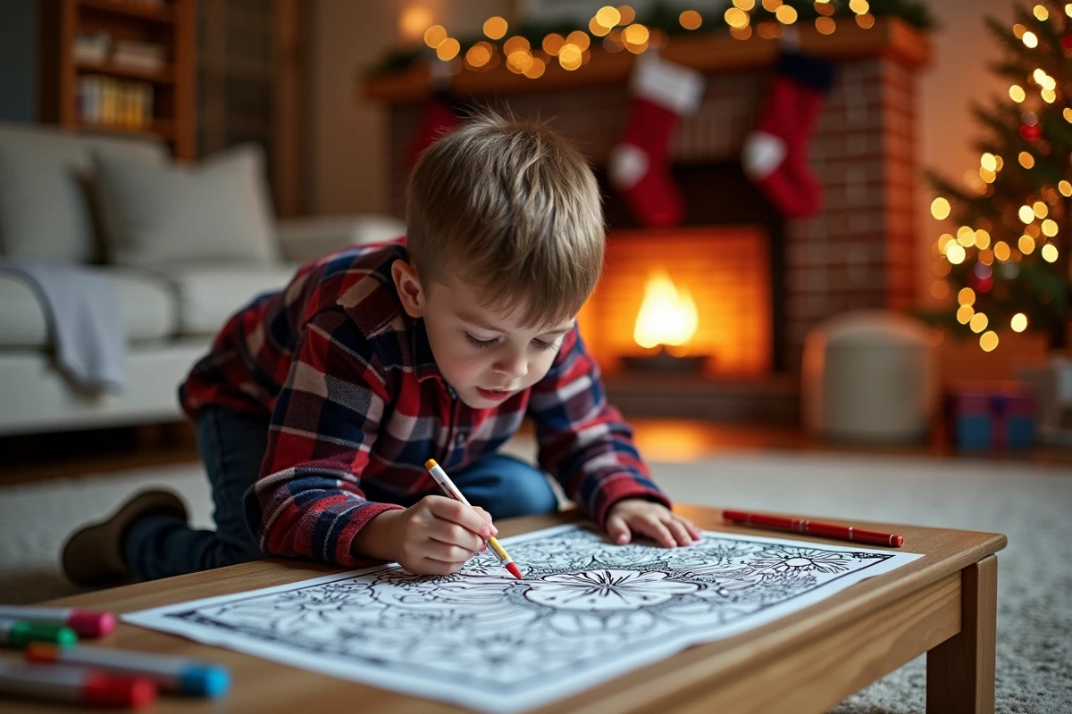 Garçon en train de colorier une carte de Noël à imprimer gratuite au sol dans un salon décoré