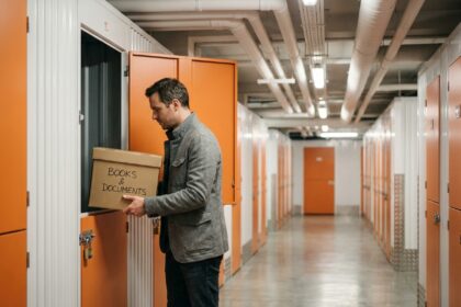 Homme déposant des cartons dans un box de garde-meuble à Paris, couloir de self-stockage avec unités métalliques oranges