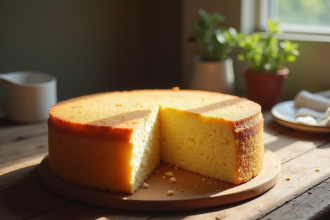 Gâteau éponge doré avec tranche sur table en bois