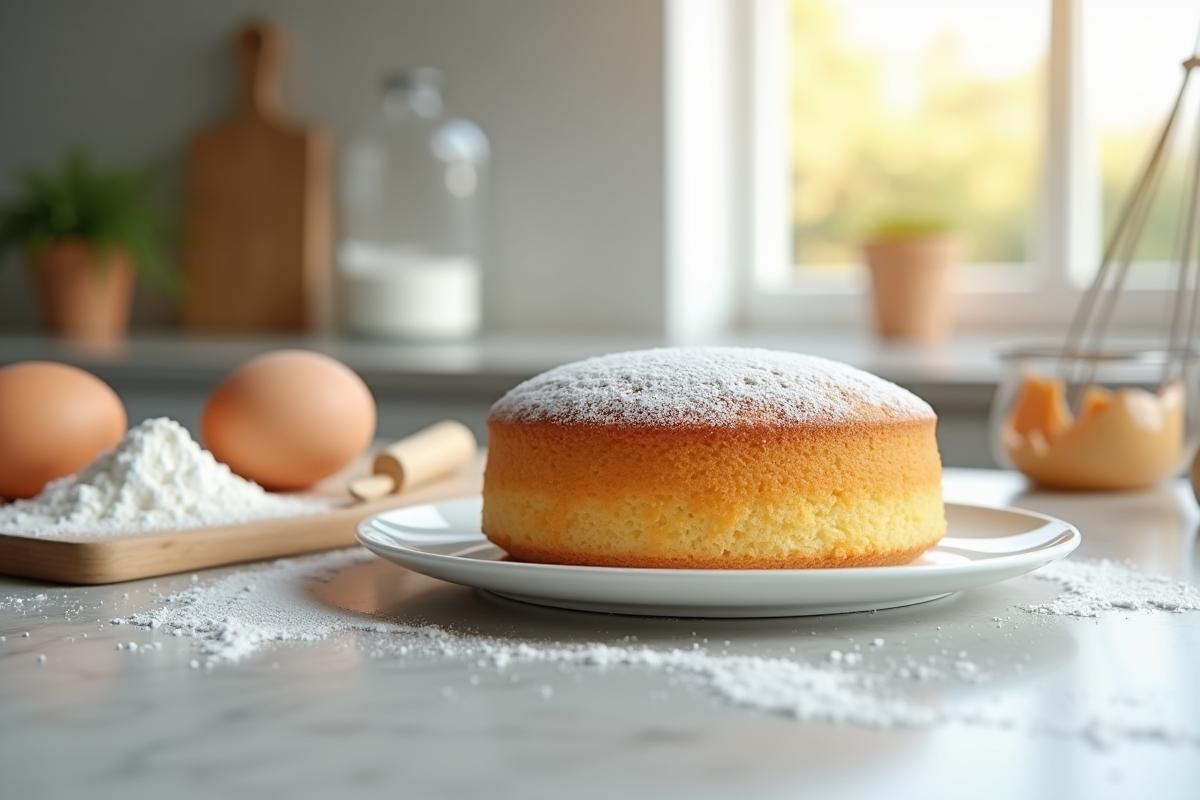 Gâteau simple saupoudré de sucre glace avec ingrédients