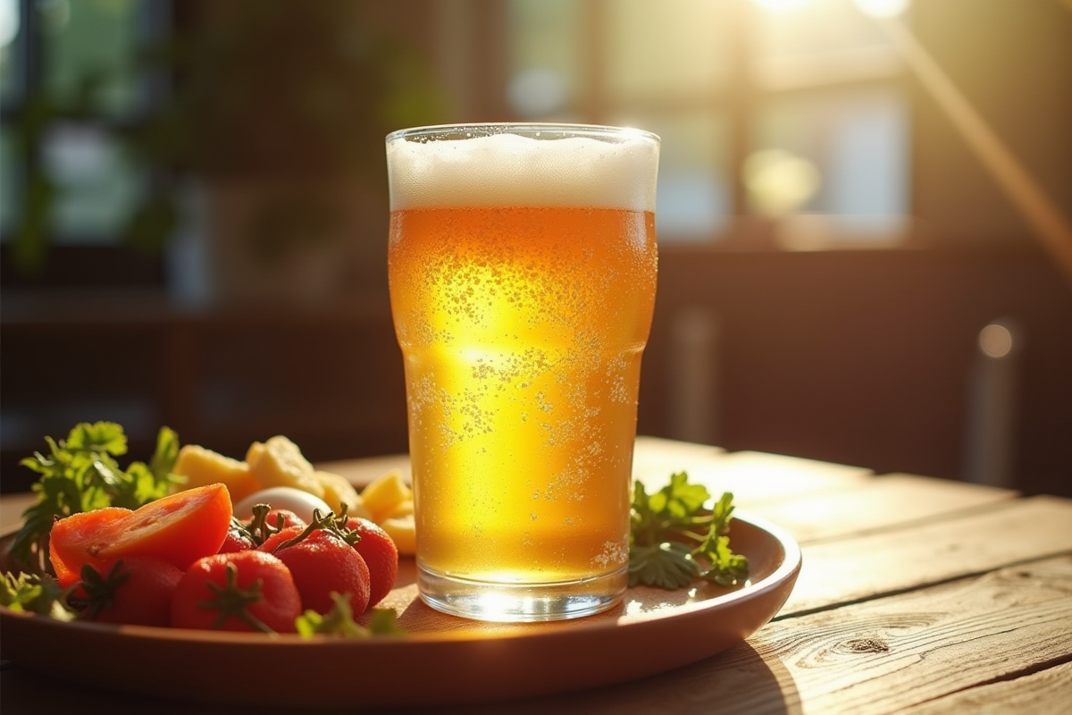 Glof de bière glacée sur une table en bois ensoleillée