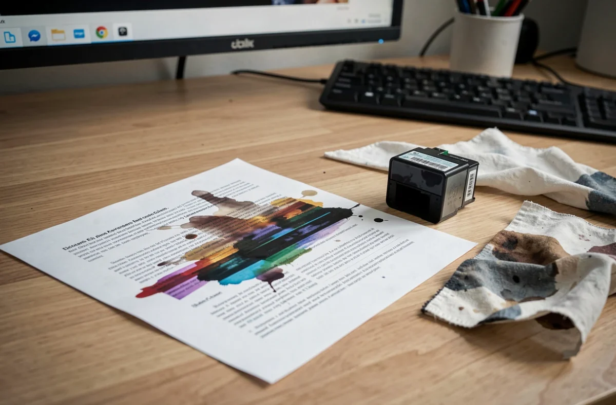 Gros plan d'une feuille imprimée présentant des problèmes d'encre spectaculaire avec bavures et striures visibles