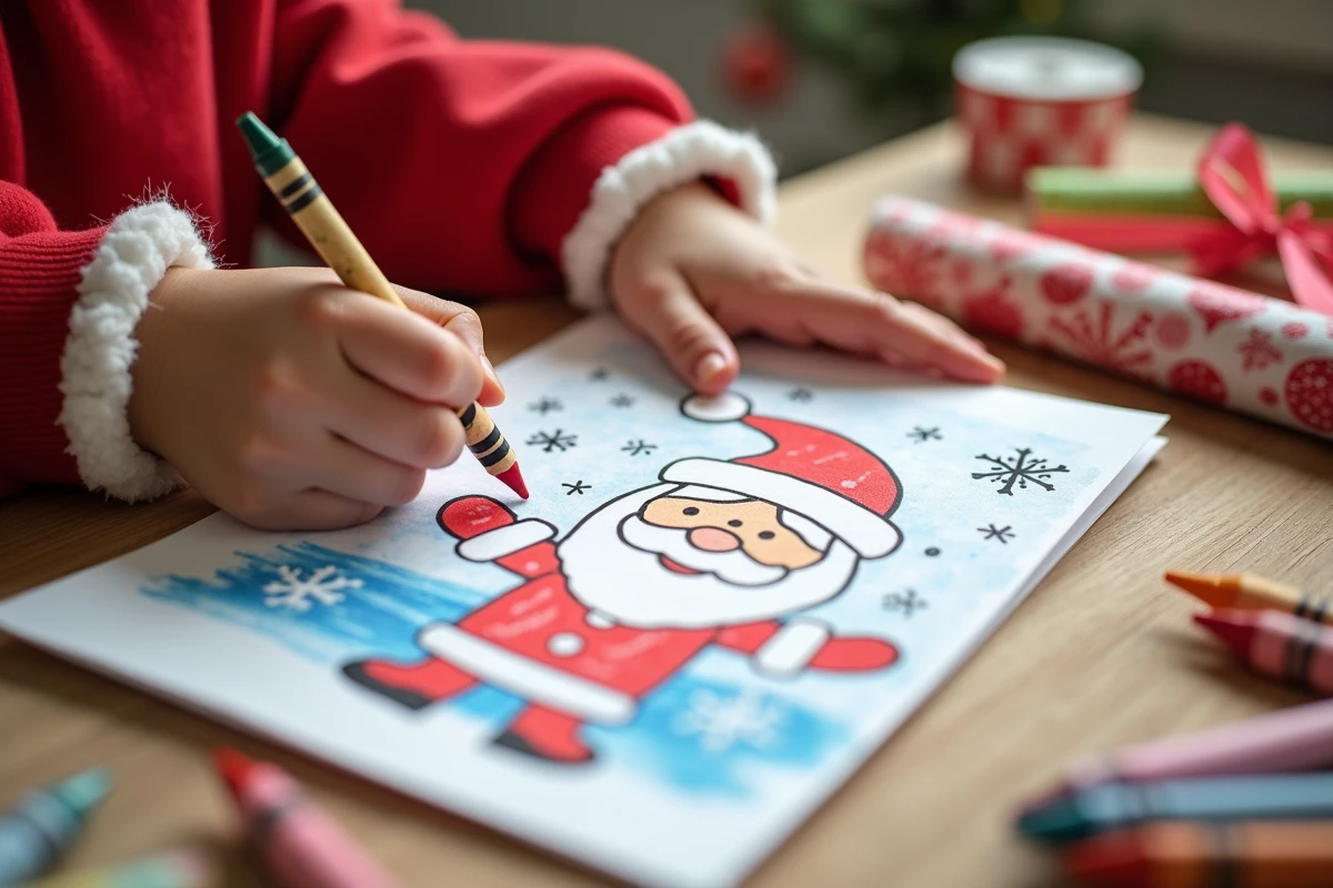 Gros plan sur des mains d'enfant tenant une carte de Noël coloriée avec des crayons, imprimée en PDF gratuit