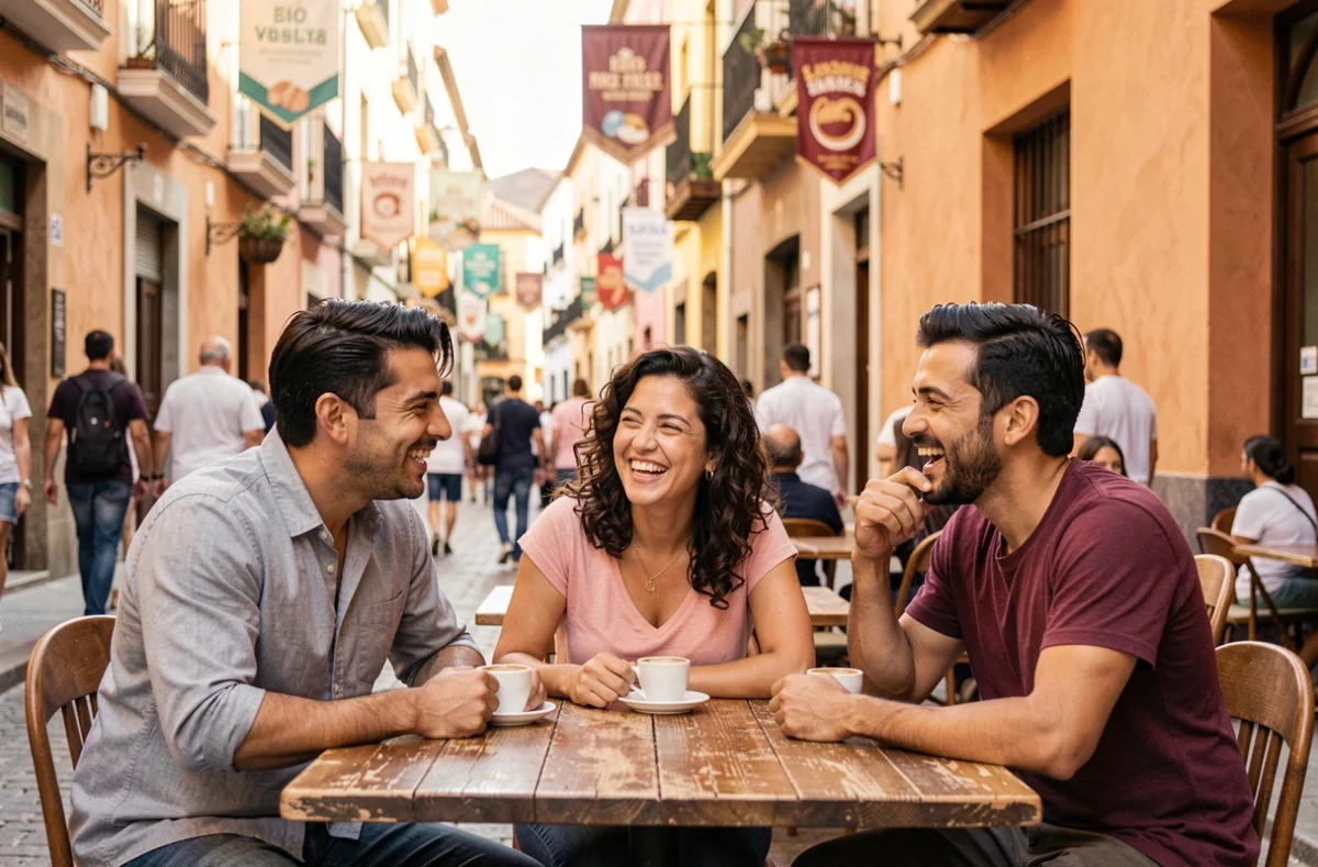 Groupe de trois adultes hispaniques attablés en terrasse de café dans une rue animée d'une ville hispanophone, riant ensemble en conversation