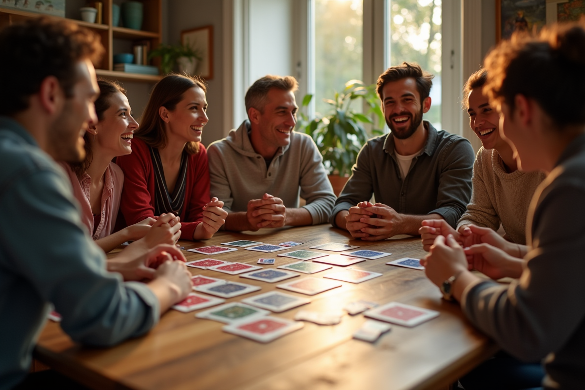 Groupe d'amis jouant à 1000 Bornes autour d'une table
