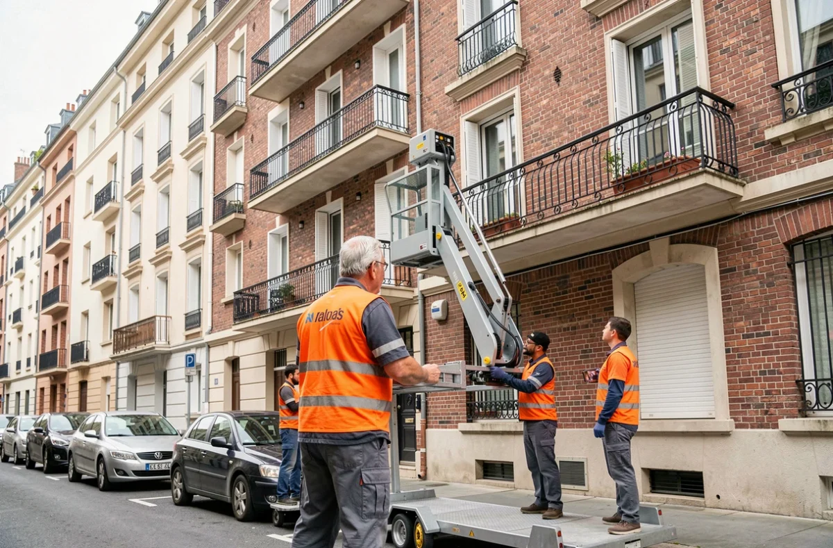 Superviseur Groupe Besson Déménagements surveillant l'utilisation d'un monte-meuble sur la façade d'un immeuble