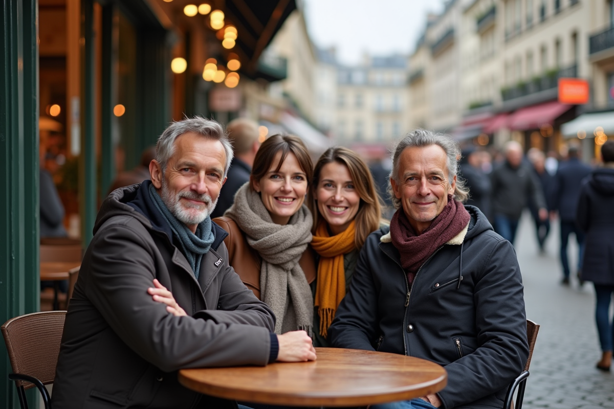 Groupe de personnes diverses dans un café parisien
