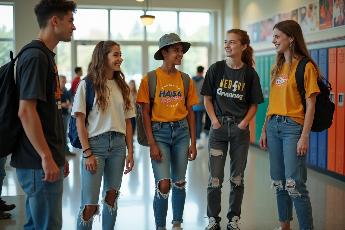 Groupe de lycéens en streetwear dans un espace scolaire lumineux