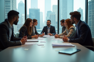 Groupe de professionnels en réunion dans un bureau moderne