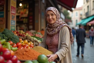 Femme habitante du quartier nord de Marseille devant un marché de rue animé avec étals de légumes et épices