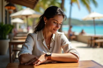 Femme consultant sa montre en terrasse à Nouméa, Nouvelle-Calédonie, avec vue sur la mer et les palmiers