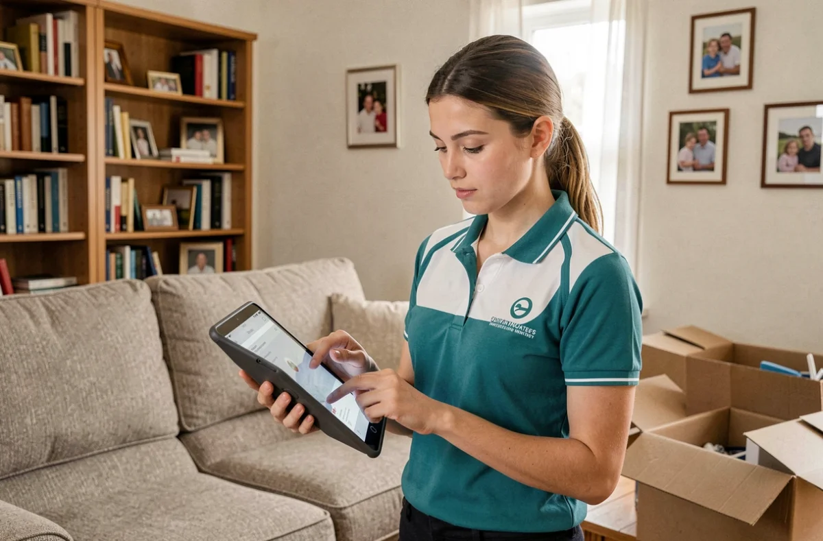 Conseillère Hexvia Déménagements réalisant un inventaire sur tablette dans un salon familial