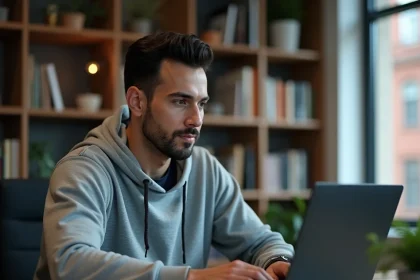 Homme consultant le site Kolrag sur un ordinateur portable dans un bureau à domicile en 2026