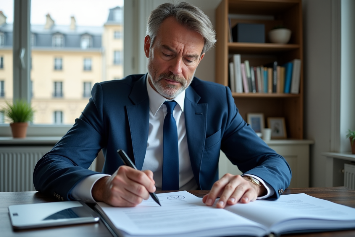 Homme d'affaires en costume bleu lit des documents fiscaux