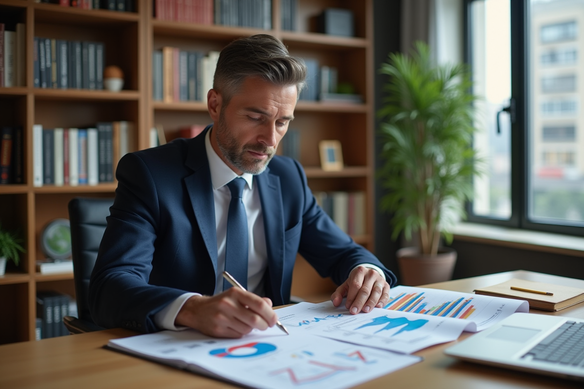 Homme d'affaires en costume regardant des graphiques financiers