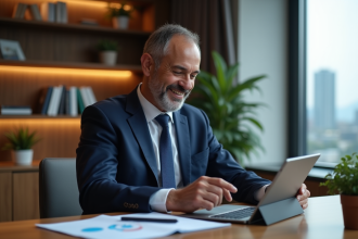 Homme d'affaires en costume navy dans un bureau élégant