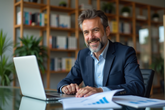 Homme d'affaires en costume navy dans un bureau moderne