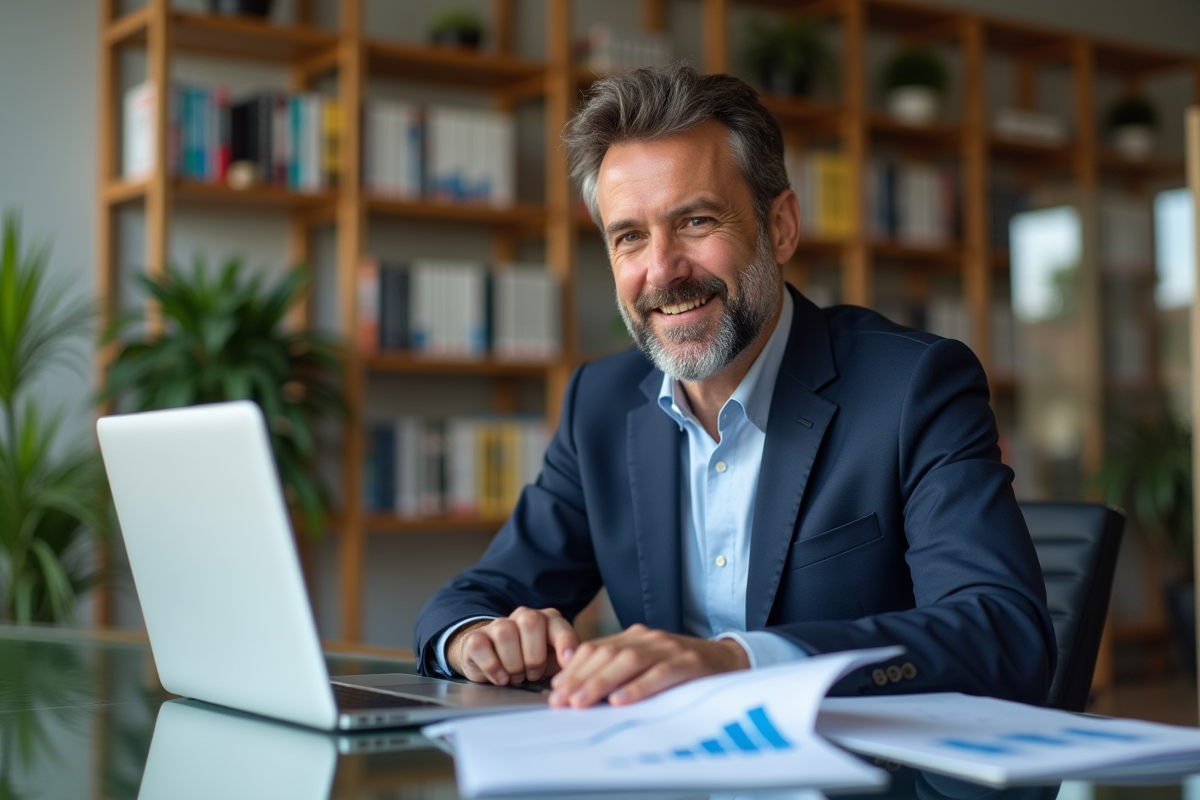 Homme d'affaires en costume navy dans un bureau moderne