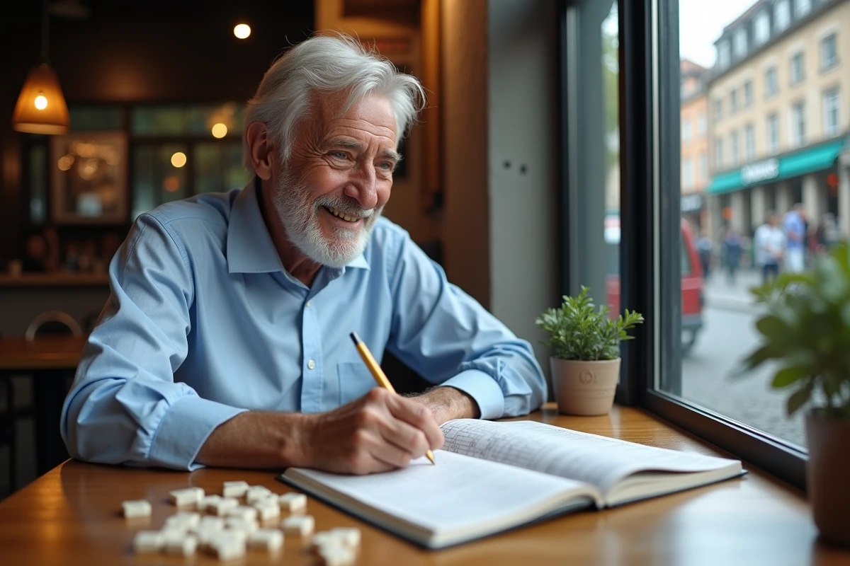 Homme âgé souriant résolvant un mots croisés au café