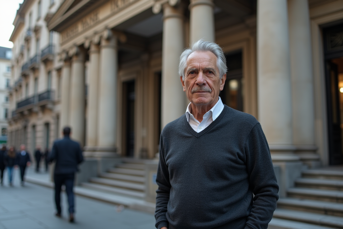Homme âgé devant une banque néoclassique en pierre